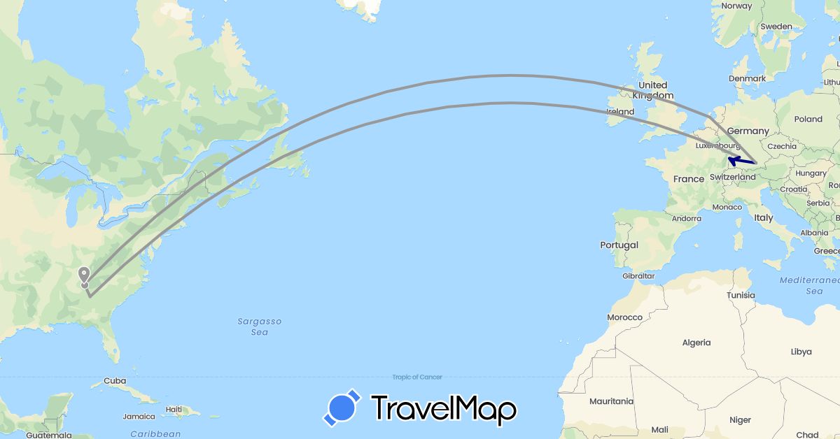 TravelMap itinerary: driving, plane in Germany, France, Netherlands, United States (Europe, North America)